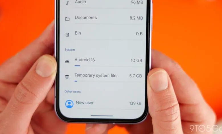 Android phone displaying storage settings, showing space used by apps and system.