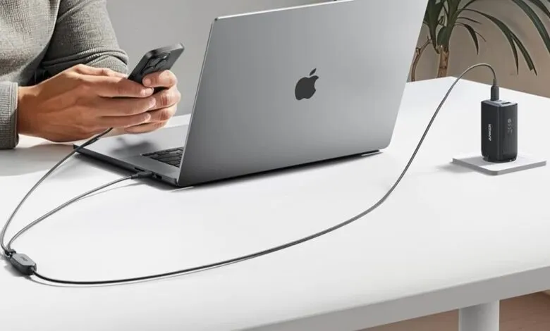 Anker 140W 2-in-1 USB-C cable charging phone and laptop on a white desk.