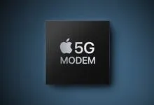 Apple 5G modem chip on a blue background.