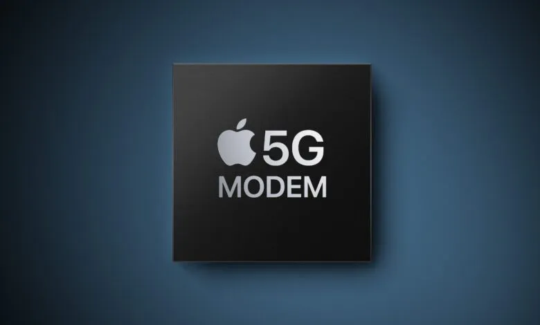 Apple 5G modem chip on a blue background.