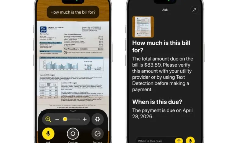 iPhone showing accessibility feature reading utility bill amount and due date.