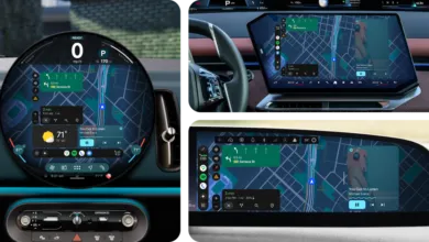 Car interior showcasing advanced digital dashboard displays with navigation and music information.