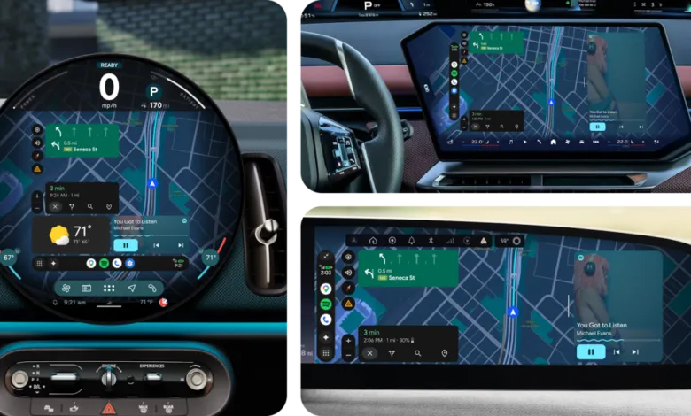 Car interior showcasing advanced digital dashboard displays with navigation and music information.