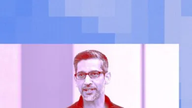 Sundar Pichai, CEO of Google, wearing glasses and speaking.