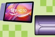 Two tablets, one showing 'fire HD 10' on screen, against a green checkered background.