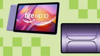Two tablets, one showing 'fire HD 10' on screen, against a green checkered background.