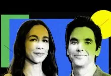 Two people, a woman and a man, with a colorful, graphic background.