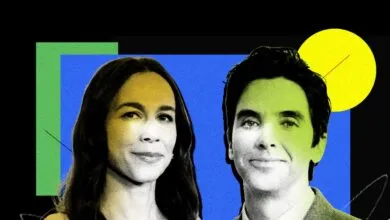 Two people, a woman and a man, with a colorful, graphic background.