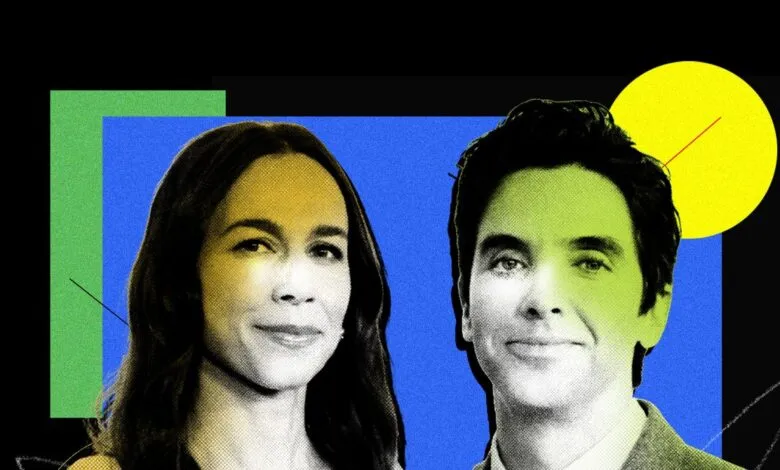 Two people, a woman and a man, with a colorful, graphic background.