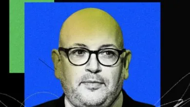 Portrait of Jason Rezaian with a colorful, graphic background.
