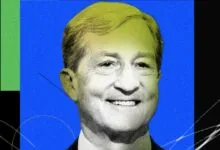 Portrait of Tom Steyer with a stylized, colorful background.