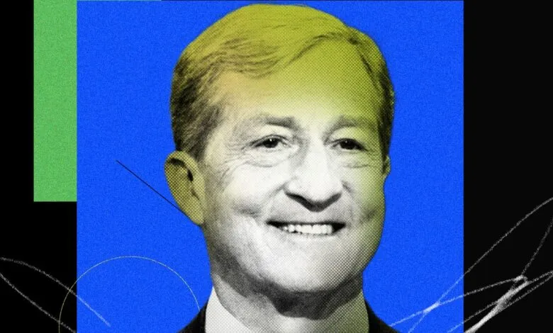 Portrait of Tom Steyer with a stylized, colorful background.