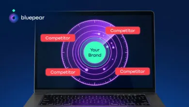 Laptop screen showing brand analysis with competitors highlighted.
