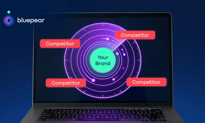 Laptop screen showing brand analysis with competitors highlighted.