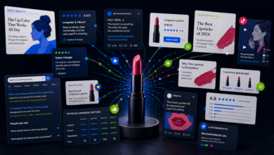 Lipstick surrounded by online reviews, search results, and social media posts.