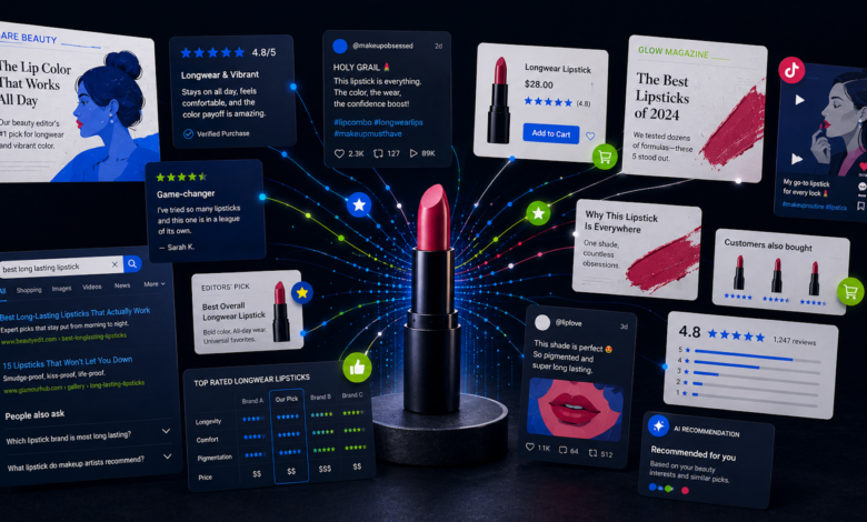 Lipstick surrounded by online reviews, search results, and social media posts.