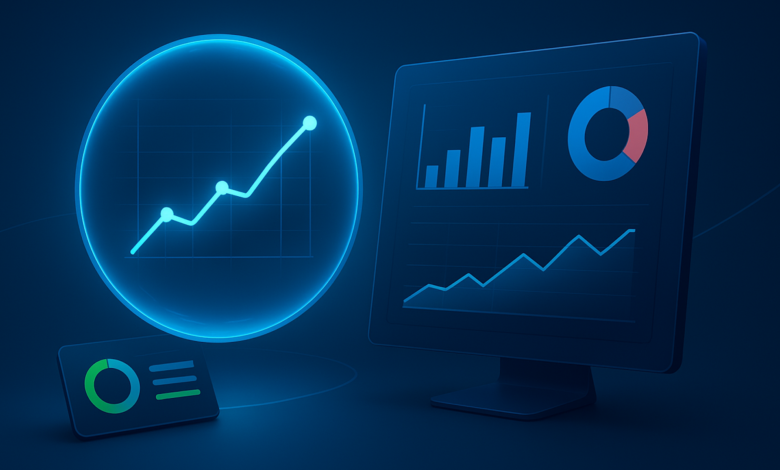 Digital dashboard with charts showing data trends and analysis.