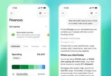 Mobile app showing financial dashboard and AI-powered home buying plan.