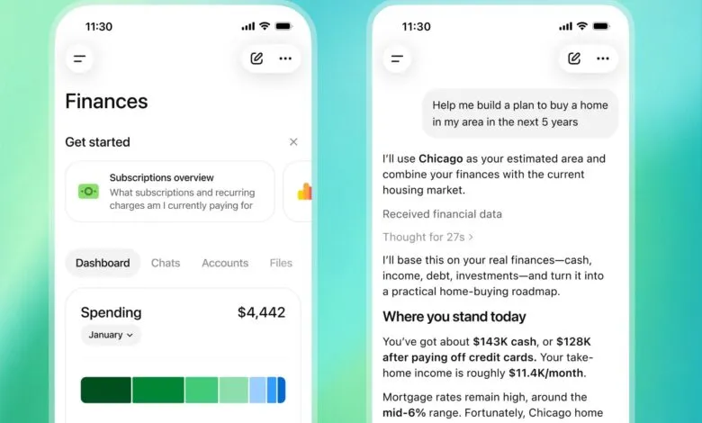 Mobile app showing financial dashboard and AI-powered home buying plan.