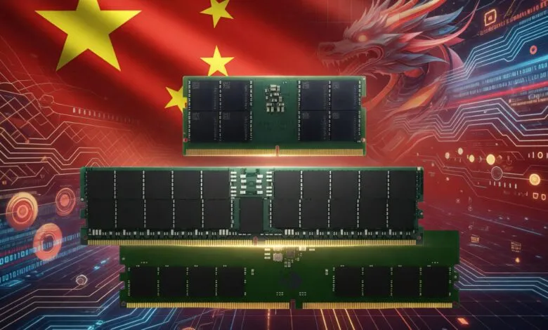 Three DDR5 RAM modules against a Chinese flag and digital circuit backdrop.