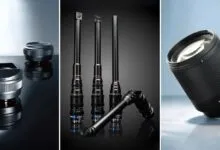 Three panels showcase different camera lenses on reflective surfaces.