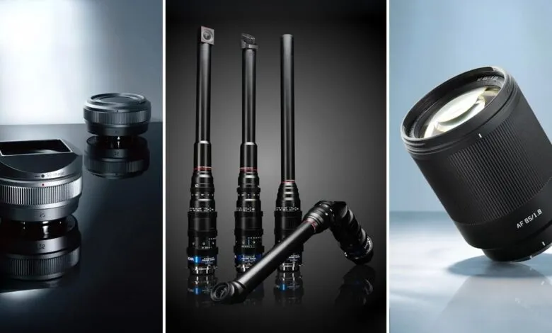 Three panels showcase different camera lenses on reflective surfaces.
