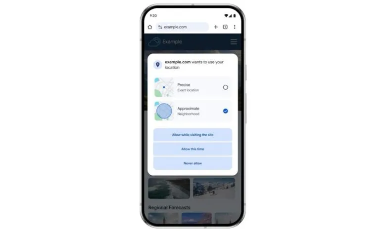 Smartphone displaying website location permission options: Precise or Approximate.