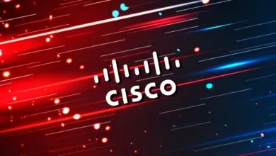 Cisco logo against a dynamic red and blue light streak background.