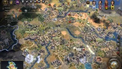 Civilization VII game map showing cities, resources, and terrain details.