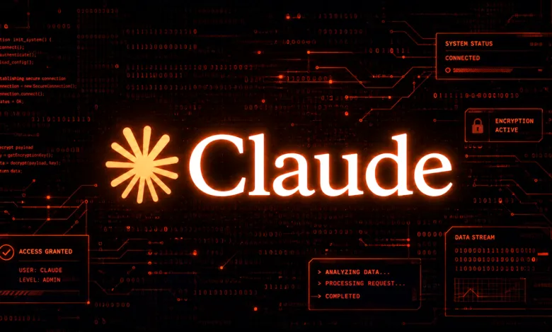Claude AI interface with glowing text and digital elements.