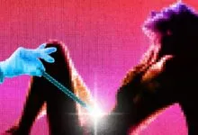 Pixelated image of a hand holding a tool near a figure.
