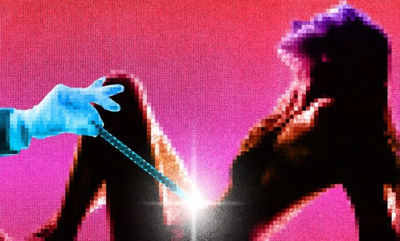 Pixelated image of a hand holding a tool near a figure.