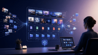 Woman using laptop with digital asset management interface, files transferring.