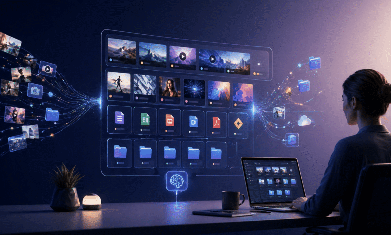 Woman using laptop with digital asset management interface, files transferring.