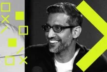 Close-up of Sundar Pichai smiling, with geometric shapes.