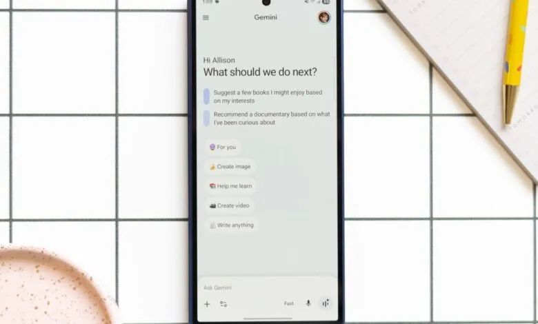 Gemini AI app interface on a smartphone, showing suggested prompts.