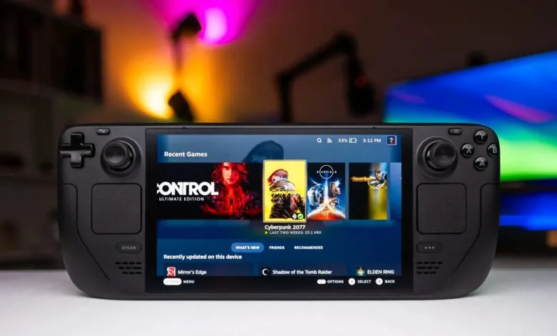 Steam Deck handheld console displaying recent games like Cyberpunk 2077.