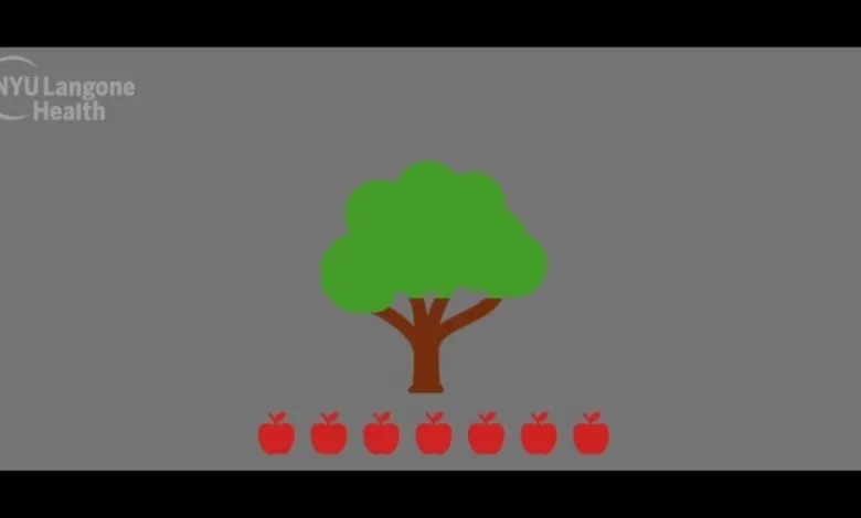 Cartoon tree with green leaves and seven red apples at the base.