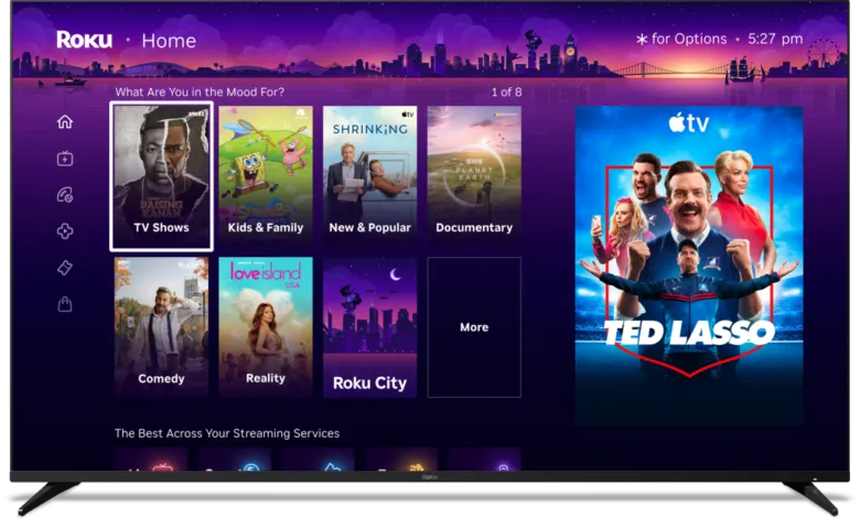 Roku TV home screen displaying various streaming options and the 'Ted Lasso' show.