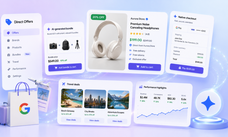 Google Direct Offers interface showcasing AI-generated bundles, travel deals, and native checkout.
