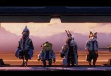 Star Fox team: Fox, Falco, Slippy, Peppy standing on a landing platform.