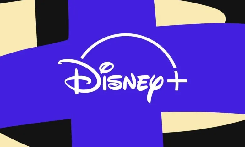 Disney Plus logo in white on a purple plus sign background.