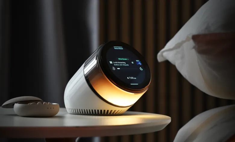 Smart sleep device on nightstand with earbuds and pillow nearby.
