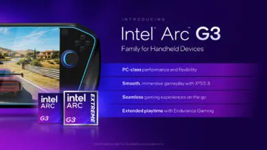 Intel Arc G3 handheld gaming device with racing game on screen.