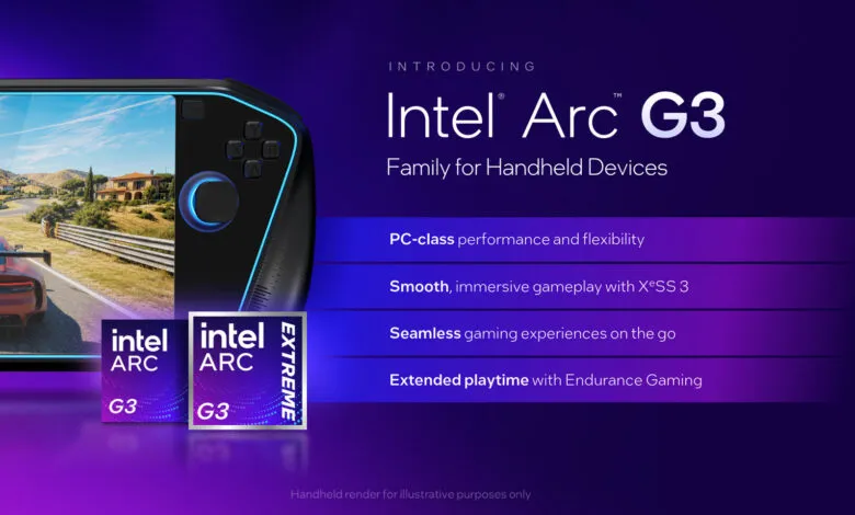 Intel Arc G3 handheld gaming device with racing game on screen.