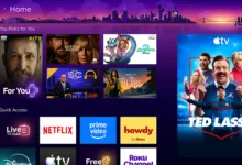 Roku home screen with featured shows like Ted Lasso, Dutton Ranch, and Zootopia.