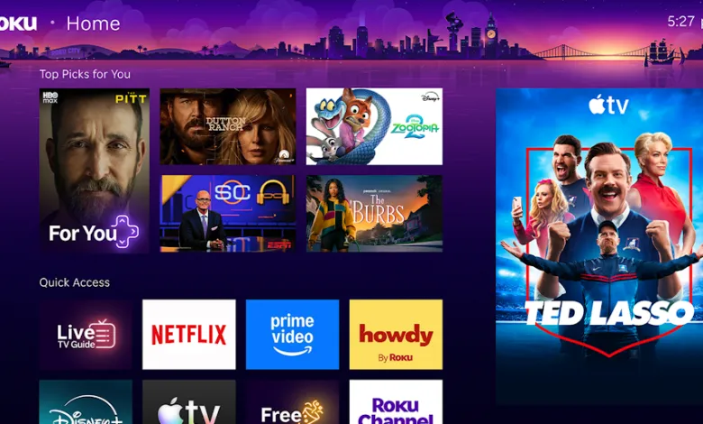 Roku home screen with featured shows like Ted Lasso, Dutton Ranch, and Zootopia.