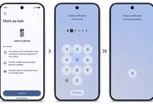 Three phone screens showing steps to mark a phone as lost and secure it.