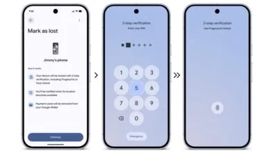 Three phone screens showing steps to mark a phone as lost and secure it.