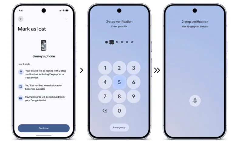Three phone screens showing steps to mark a phone as lost and secure it.